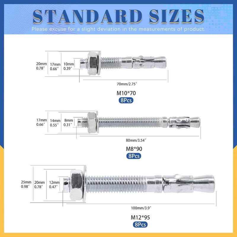 Glarks 24Pcs 3 Sizes 1/2"x 3"-3/4", 3/8" x 2-3/4", 5/16" x 3-1/2" Wedge Anchor Zinc Plated Heavy Duty Fastener Assortment Kit for Concrete - Image 2